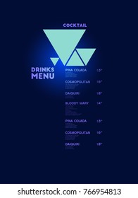 Drinks menu. Cocktail. 
For art template design, list, banner, idea, cover, booklet, print, flyer, sign, poster. Dark background. Bright neon colors