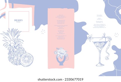 Menú de bebidas. Cóctel. Café. Té de hierbas y flores. Plantilla de vectores. Colores pasteles. Banner, folleto, folleto, tarjeta, precio