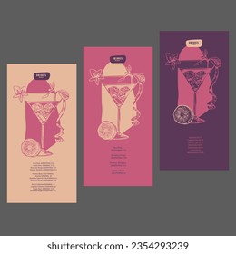 Drinks menu. Cocktail. Set. Muted colors. List, banner, booklet, flyer, brochure. Layout for outdoor restaurant, pool bar, cafe on the beach.