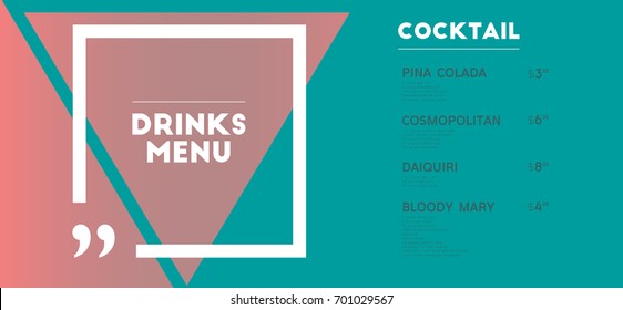 Drinks menu. Cocktail.
Triangle, square and quotes. 
For art template design, list, banner, idea, cover, booklet, print, flyer, card, sign, poster.