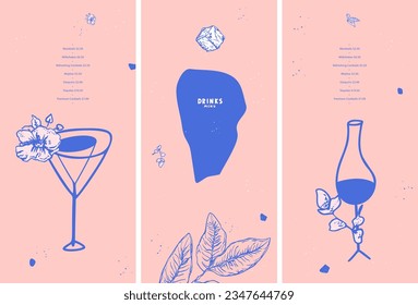 Drinks menu. Cocktail. Wine. Mint leaves, ice cube. Pink color. List, banner, booklet, flyer, brochure, price, poster. Vector illustration for restaurant and bar application.