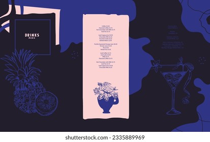 Drinks menu. Cocktail. Wine. Tea. For restaurant or bar in the center of a modern city, on the coast of the sea or ocean. The atmosphere of luxury, romance, a rich dinner. 
