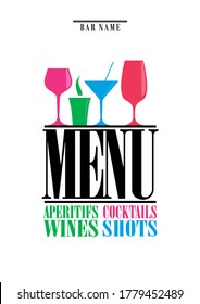 Drinks menu, cocktails, aperitifs wines, shots. Menu on white background. Vector illustration
