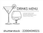 Drinks menu. Continuous one line drawing of glasses with cocktails. Illustration with quote template. Can used for logo, banner, booklet, flyer, brochure