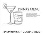 Drinks menu. Continuous one line drawing of glasses with cocktails. Illustration with quote template. Can used for logo, banner, booklet, flyer, brochure