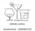 Drinks menu. Continuous one line drawing of glasses with cocktails. Illustration with quote template. Can used for logo, banner, booklet, flyer, brochure