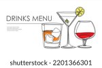 Drinks menu. Continuous one line drawing of glasses with cocktails. Illustration with quote template. Can used for logo, banner, booklet, flyer, brochure