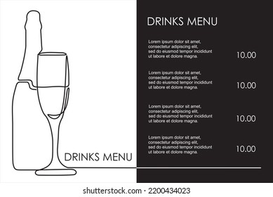 Drinks menu. Continuous one line drawing of bottle and a glass. Illustration with quote template. Can used for logo, banner, booklet, flyer, brochure