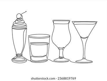 Drinks menu. Continuous one line drawing of glasses with cocktails. Illustration with quote template. Can used for logo, banner, booklet, flyer, brochure - Shutterstock ID 2368819769