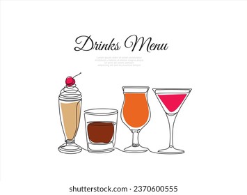 Drinks menu. Continuous one line drawing of glasses with cocktails. Illustration with quote template. Can used for logo, banner, booklet, flyer, brochure
