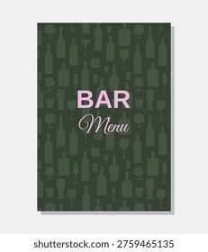 Drinks menu cover design with bottles and glasses pattern background. Cocktail template, alcohol beverages. Vector illustration. Barroom alcoholic drinks menu.