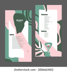 Drinks menu design. Alcoholic, refreshing drinks, tropical leaves,  abstract shapes and line. Green, white, pink colors. List, layout. For  restaurant, bar or open-air cafe