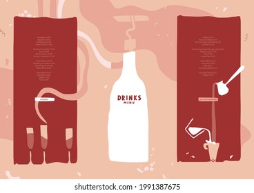 Drinks menu design. Bottle of wine or champagne, glasses, coffee with cream. Vector template for restaurant, cafe, bar, store. Flyer, poster, banner, brochure