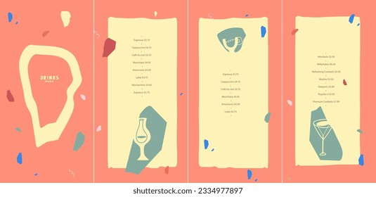 Drinks menu design template. Champagne. Wine. Cocktails. Abstract decorative shapes. Vector illustration. List, banner, booklet, flyer, brochure. 