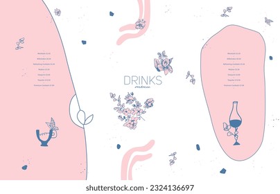 Drinks menu design. Vector hand drawn illustration. Cocktail, champagne, wine. Booklet, list, menu, flyer, poster, banner, brochure. For wedding party or restaurant. White and pink colors