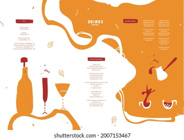 Drinks menu design. Vector template. Coffee, champagne, wine, cocktail, sweet liquor. Brochure, poster, banner, menu. Yellow, white, red colors