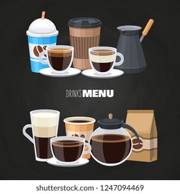 Drinks menu elements on blackboard - vector coffee shop flat design
