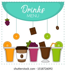 Drinks menu with a fruit cocktail glasses, coffee cup and chocolate glass - Vector illustration