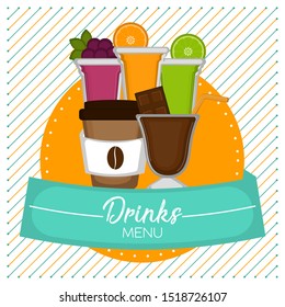 Drinks menu with a fruit cocktail glasses, coffee cup and chocolate glass - Vector illustration