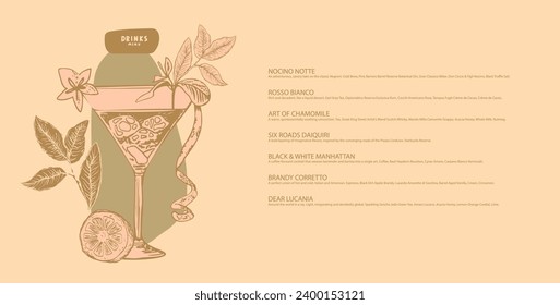 Drinks menu. Hand drawn cocktail with ice. Blue Lagoon, Cosmopolitan, Margarita. Sand, beige, olive, dusty green, bronze colors. Layout for outdoor restaurant, pool bar, cafe on the beach. Banner