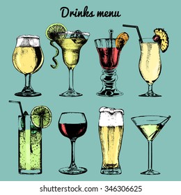 Drinks menu. Hand sketched cocktails glasses. Vector set of alcoholic beverages illustrations: beer, pina colada, margarita, red wine, mojito, vodkatini etc isolated.