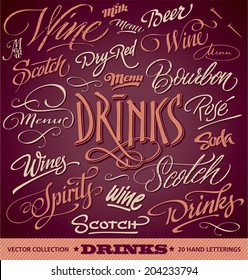 DRINKS menu headlines set of 20 hand letterings -- custom handmade calligraphy, vector (eps8)