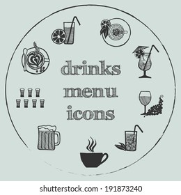 Drinks menu icon - hand-drawn icon set on gray circle background