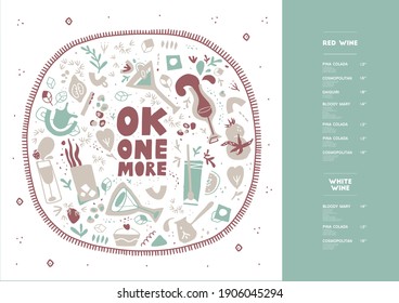 Drinks menu. Drinks and ingredients. Hand-drawn highly detailed vector illustration. Dot spots. Abstract art.