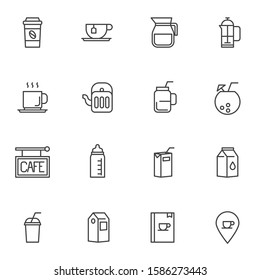 Drinks menu line icons set. linear style symbols collection, outline signs pack. vector graphics. Set includes icons as take away coffee cup, paper milk pack, menu book, juice package, milkshake, cup