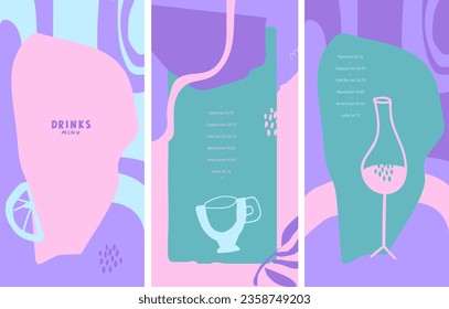 Drinks menu. Lines, dots, abstract organic fluid shapes. For a restaurant or bar by the pool under the open sky or the beach. Bright neon colors. Vector illustration. List, booklet, flyer, banner.