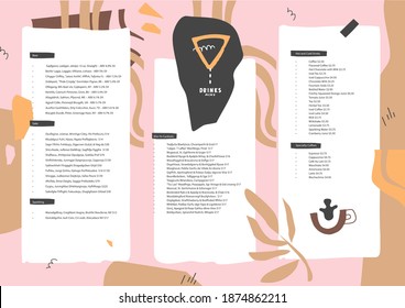 Drinks menu. Logo idea. Pre-made abstract composition. Flat style with lines and spots. Vector template for menu,  list, banner, booklet, flyer. Black and pink