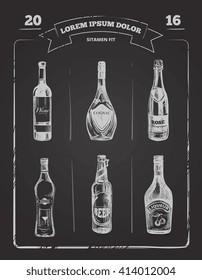 Drinks menu on chalkboard in hand drawn style. Alcohol drink menu, design alcohol on blackboard drawing, alcohol vector illustration