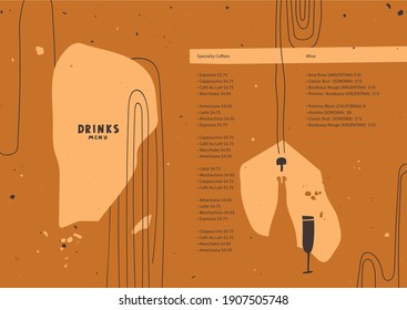 Drinks menu. Opening a bottle of champagne. Abstract geometric elements. Black and mustard colors. Grunge texture.