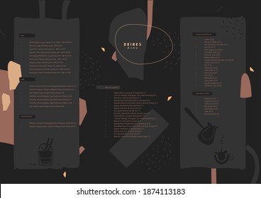 Drinks menu. Pre-made abstract composition. Flat style with lines and spots. Vector template for menu,  list, banner, booklet, flyer. Black background