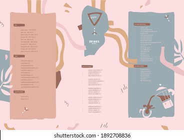 Drinks menu. Pre-made abstract composition. Flat style with lines, spots, abstract mosaic stone shapes. Hand-drawn decorative elements. Vector template for menu,  list, banner, booklet, flyer. 