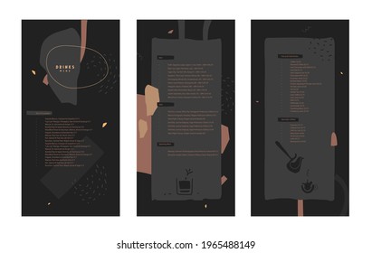Drinks menu. Pre-made abstract composition. Flat style with lines and spots. Vector template for menu,  list, banner, booklet, flyer. Black background