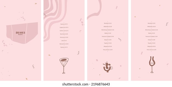 Drinks menu. Vector template. Minimalism style. Abstract forms, stylized images of glasses for rose and red wine, martini, coffee and tea. Lines, terrazzo, grunge. Pink pastel color. List, flyer