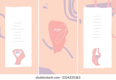 Drinks menu. Vector template. Pastel colors that are associated with  sweet fruits and tasty additions to drinks, summer and beach. List, flyer, menu, banner. Layout for outdoor restaurant, pool bar