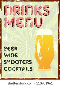 Drinks menu, vintage style, free copy space, vector illustration