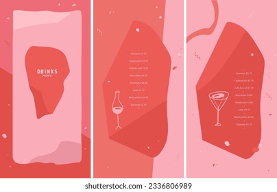 Menú de bebidas. Vino. Cóctel. Champagne. Bebidas alcohólicas. Lista, banner, folleto, volante, folleto. Diseño del restaurante, bar. Colores rojos y rosas. Formas orgánicas abstractas. Ilustración vectorial. 