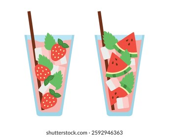 Drinks with Mint, Strawberry and Watermelon. Refreshing summer Lemonade ice. Berry Juice in transparent glass with straw. Mojito. Vitamin Cocktails with pieces of fruit. Isolated. Vector illustration