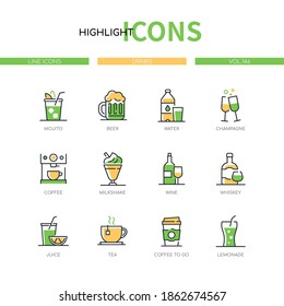 Bebidas - conjunto de iconos de diseño de línea moderna. La carta de la cafetería ofrece diferentes bebidas suaves, calientes y alcohólicas. Imágenes de mojito, cerveza, agua, champán, café, batido, vino, whisky, jugo, té, limonada