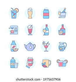 Drinks - modern line design style icons set. Cafe or restaurant menu, hot and alcoholic beverages. Mojito, beer, soda, champagne, coffee, wine, whiskey, juice, tea, cocktail, lemonade, water, cocoa