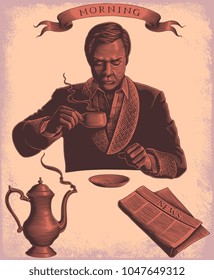 Drinks the morning coffee. Design set. Hand drawn engraving. Vector vintage illustration. Isolated on light background. 8 EPS