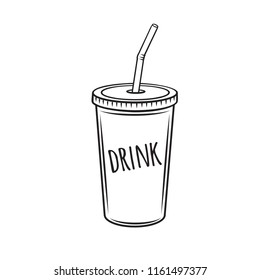 Drinks mug with straw. Retro vector illustration for packaging and menu cafe design.