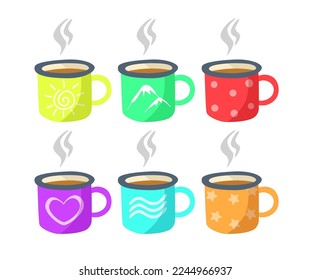 Drinks in mugs with different symbols vector illustrations set. Cartoon drawings of colorful cups with sun, mountain, heart, star, wave designs on white background. Kitchenware, beverage concept