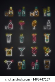 Drinks neon light icons set. Alcohol menu card. Beverages for cocktails. Whiskey, rum, wine, martini, margarita, absinthe. Refreshing and warming liquors. Glowing signs. Vector isolated illustrations