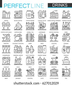 Drinks outline concept symbols. Perfect thin line icons. Alcohol, tea and coffee modern linear style illustrations set.