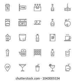 Drinks outline icons set. linear style symbols collection, line signs pack. vector graphics. Set includes icons as take away coffee, pub , beer case, champagne bottle, fresh cocktail, whiskey