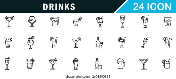 Drinks outline line icon set.beer, wine, cocktail and more.